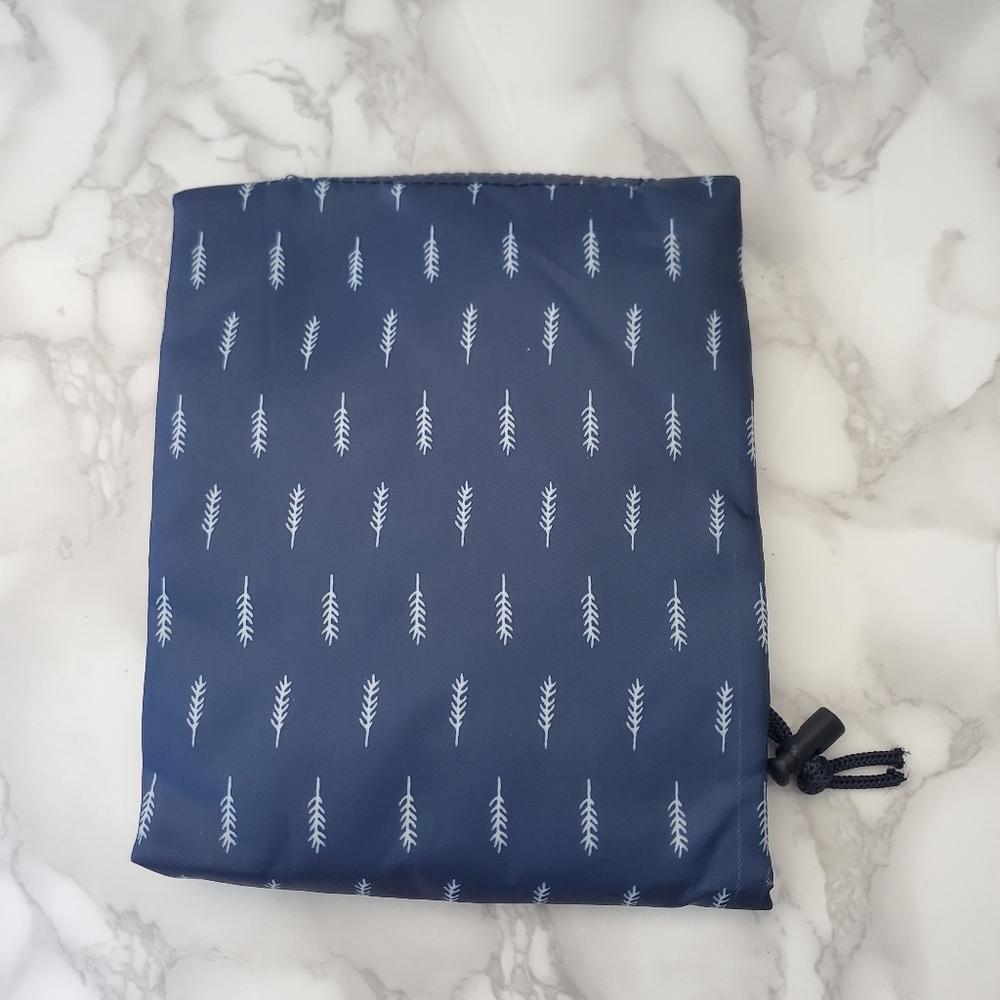 Navy Blue Leaf Print Drawstring Cosmetic Pouch - Picture 2 of 3